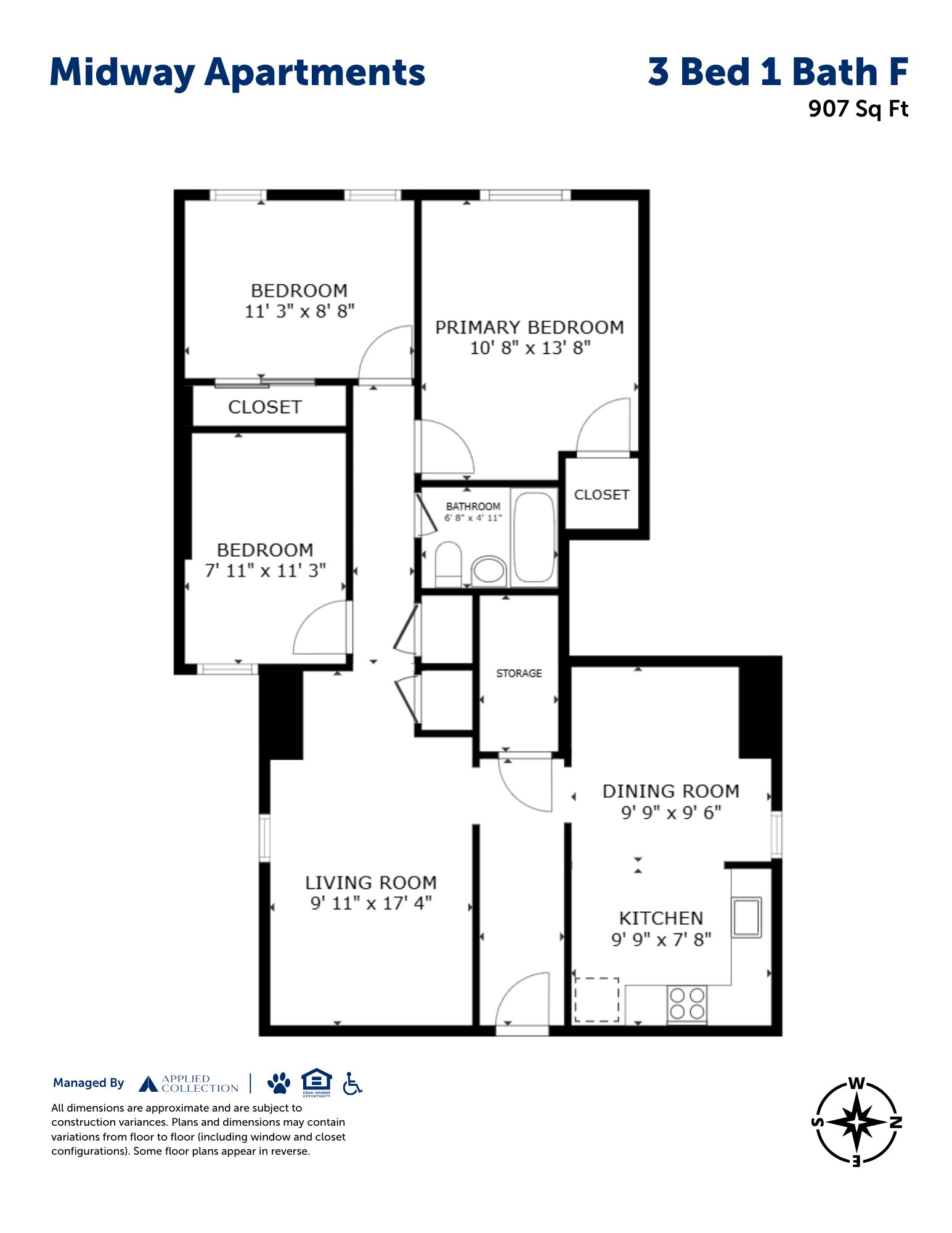 Floor plan for 3 beds, 1 bath, 907 sqft